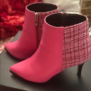 Vibrant Pink Faux Leather and Plaid Tweed  Ankle Booties Size 36  6 US